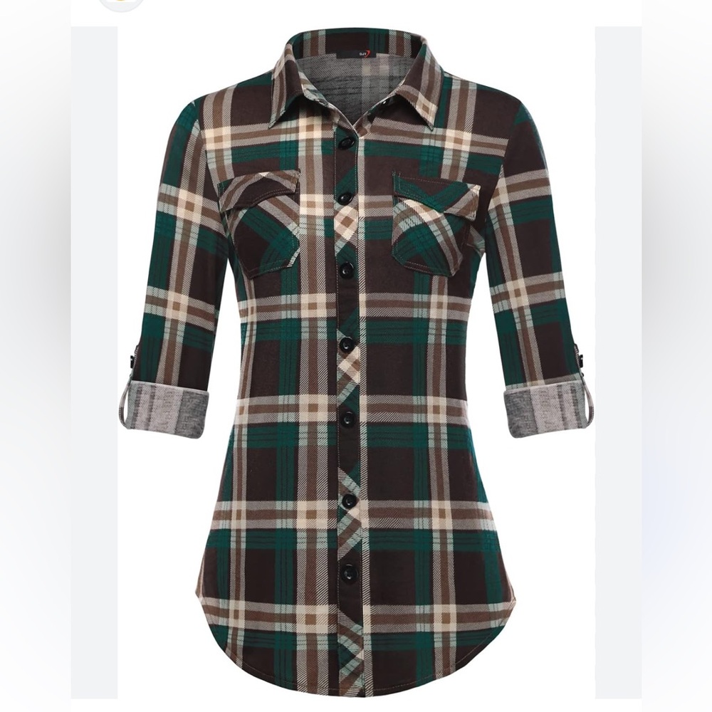 NWT Women's Plaid Button Down Shirt - Green and Brown